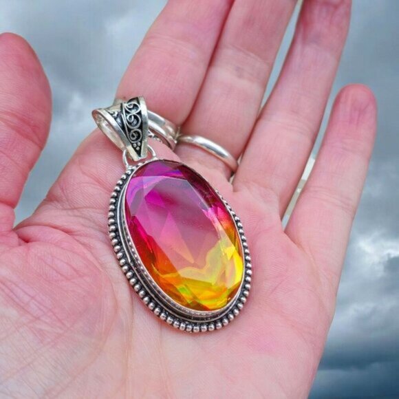 Bi-Color Tourmaline ✦ Sterling Silver Pendant ✦ Victorian Oval Pink & Yellow NWT - Picture 15 of 16